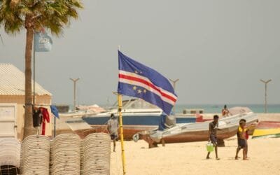 Cape Verdean flag on the wind, on the beach of Santa Maria, Sal